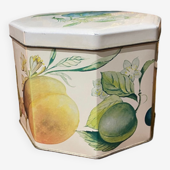 Octagonal metal box with vintage fruit patterns