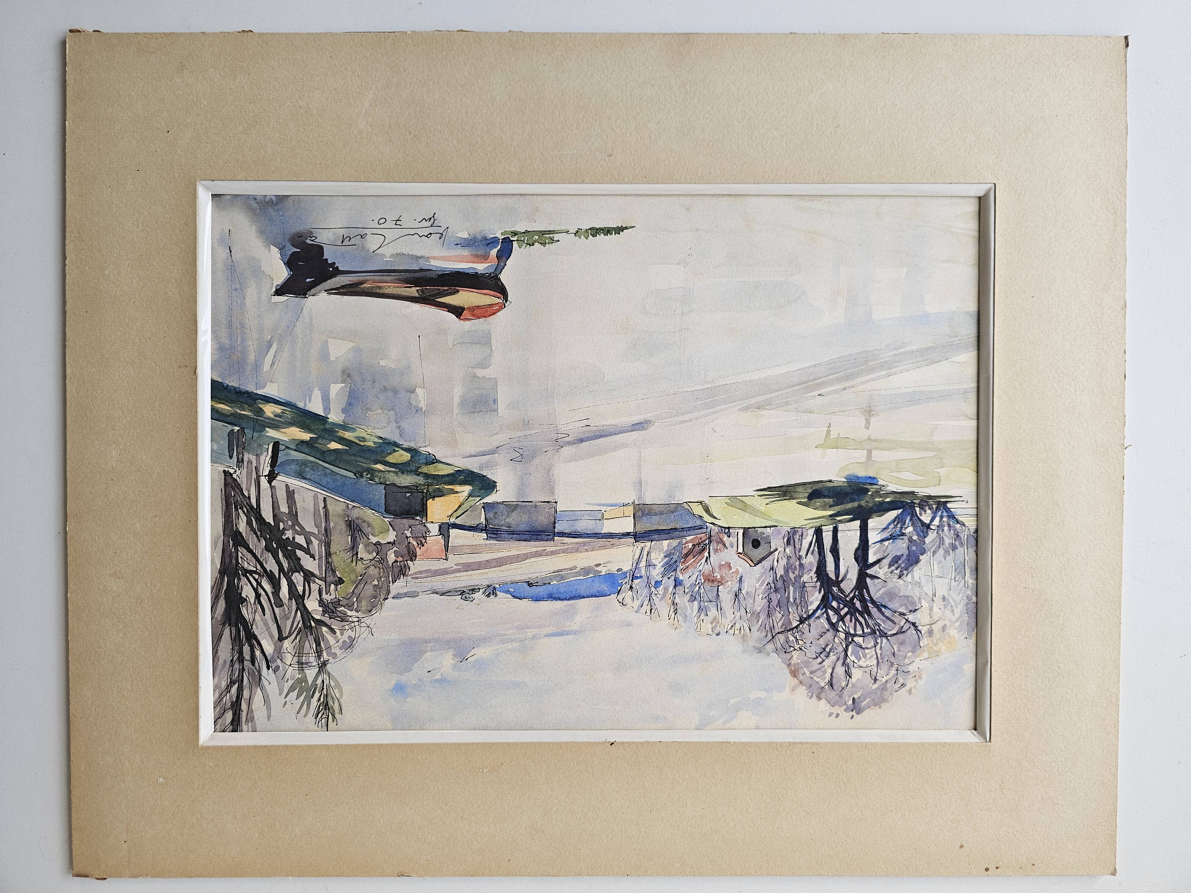 Watercolor on cardboard frame, canal view, signed Jean. Signature to be identified.