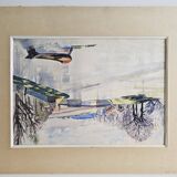 Watercolor on cardboard frame, canal view, signed Jean. Signature to be identified.