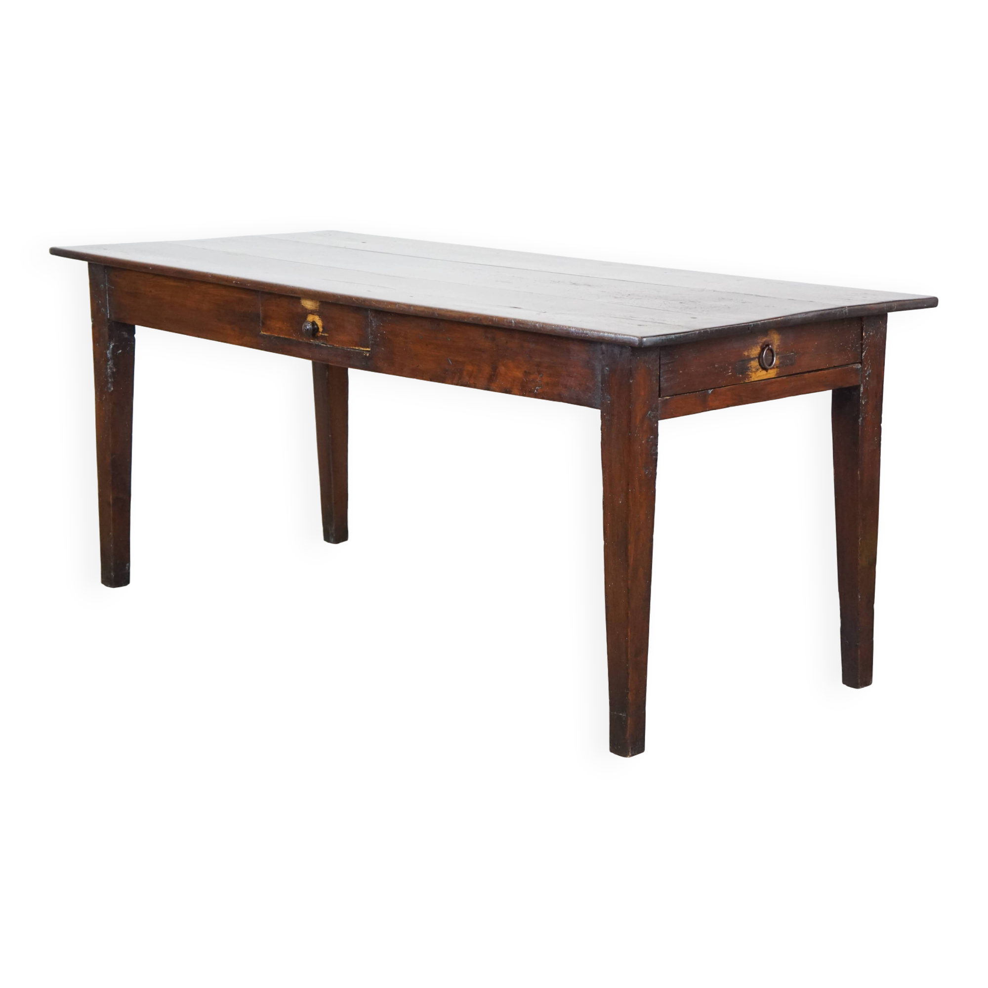 Antique French fruitwood dining table with 2 drawers and patina
