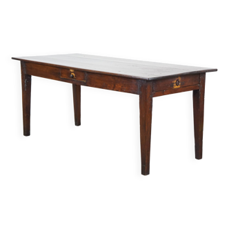 Table ancienne en bois fruitier, 2 tiroirs, France