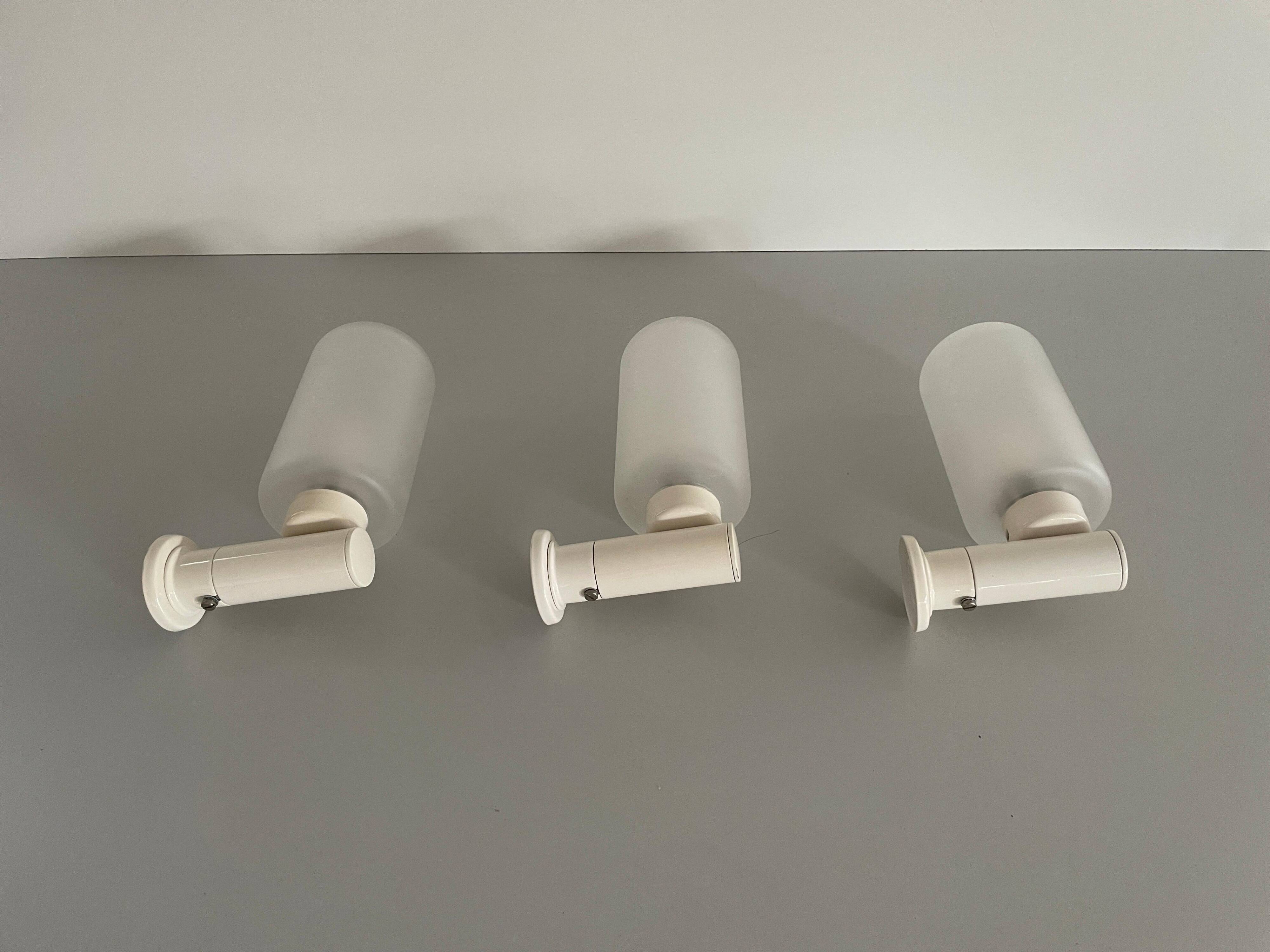 Set of 3 semi-transparent glass and white metal wall lights, 1960, Germany
