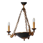 Lucien Gau French Empire Bronze Chandelier: Swan Arms, Green Tole