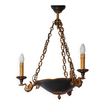 Lucien Gau French Empire Bronze Candlestick: Swan Arms, Green Tole