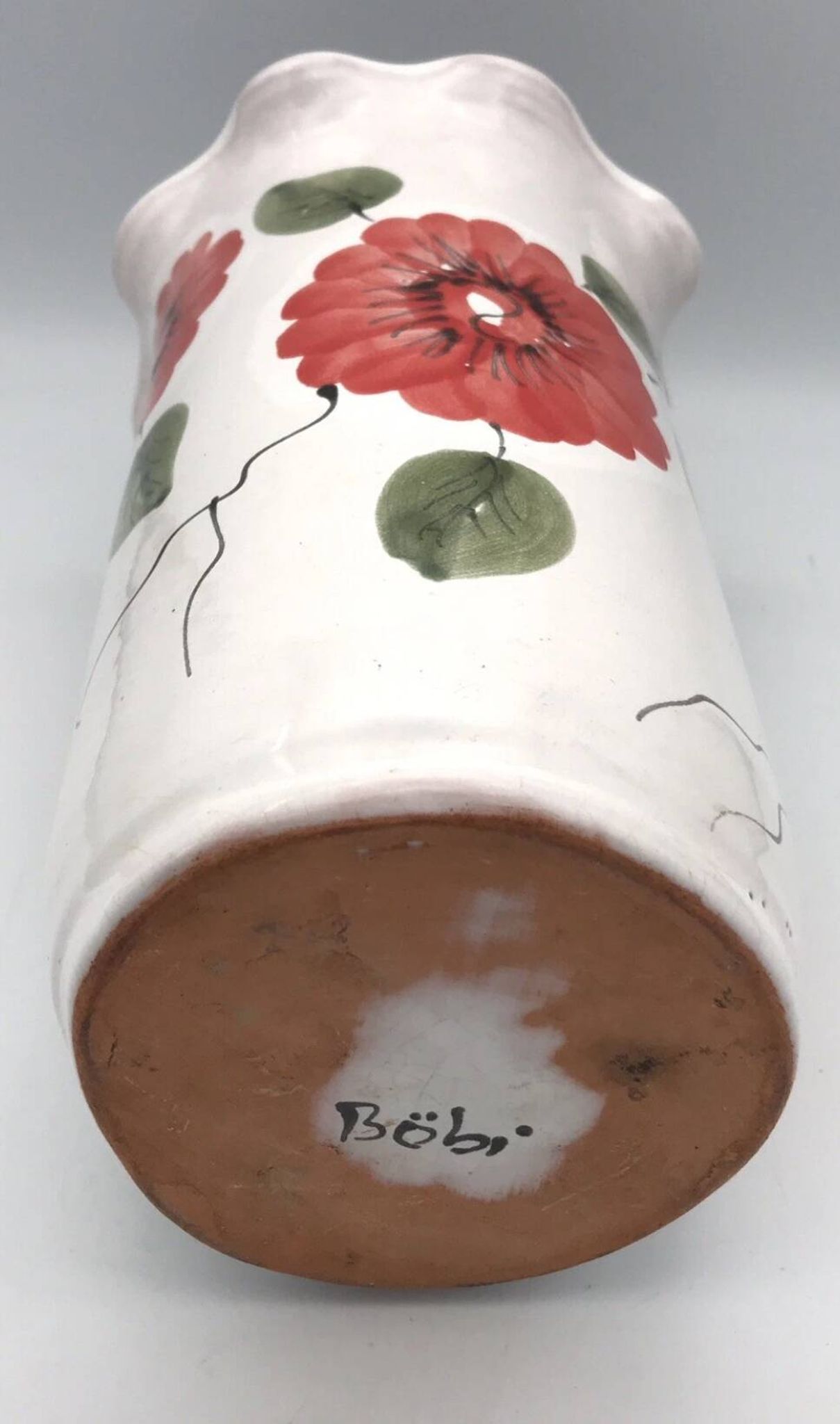 Vase, vintage glazed terracotta pottery, with signed floral decoration