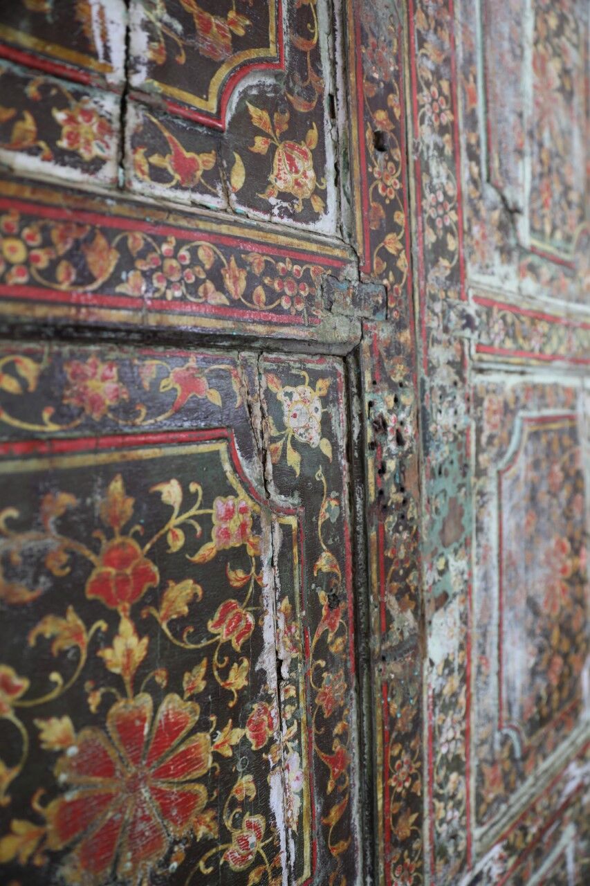 Indian door with frame, hand-painted floral motifs