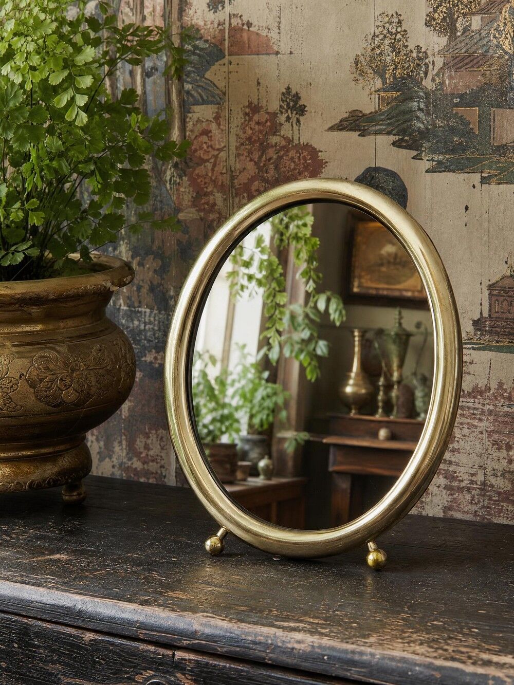 Miroir à poser ovale cadre en métal doré vintage années 50-60
