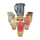 Service orangeade en cristal irisé, coloré et réhaussé d'or - France années 50