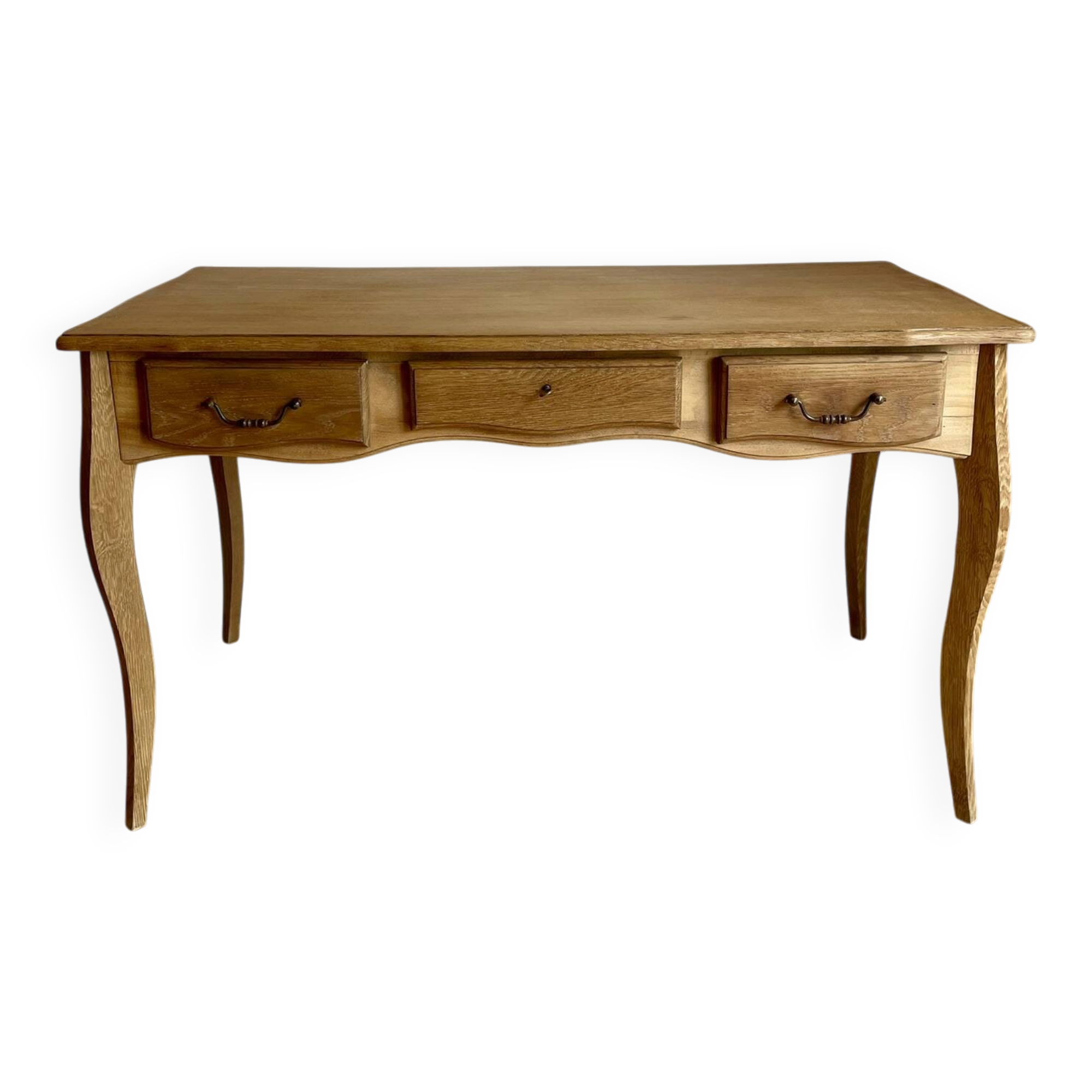 Vintage light wood desk with 3 drawers in Louis Philippe style, chic country.