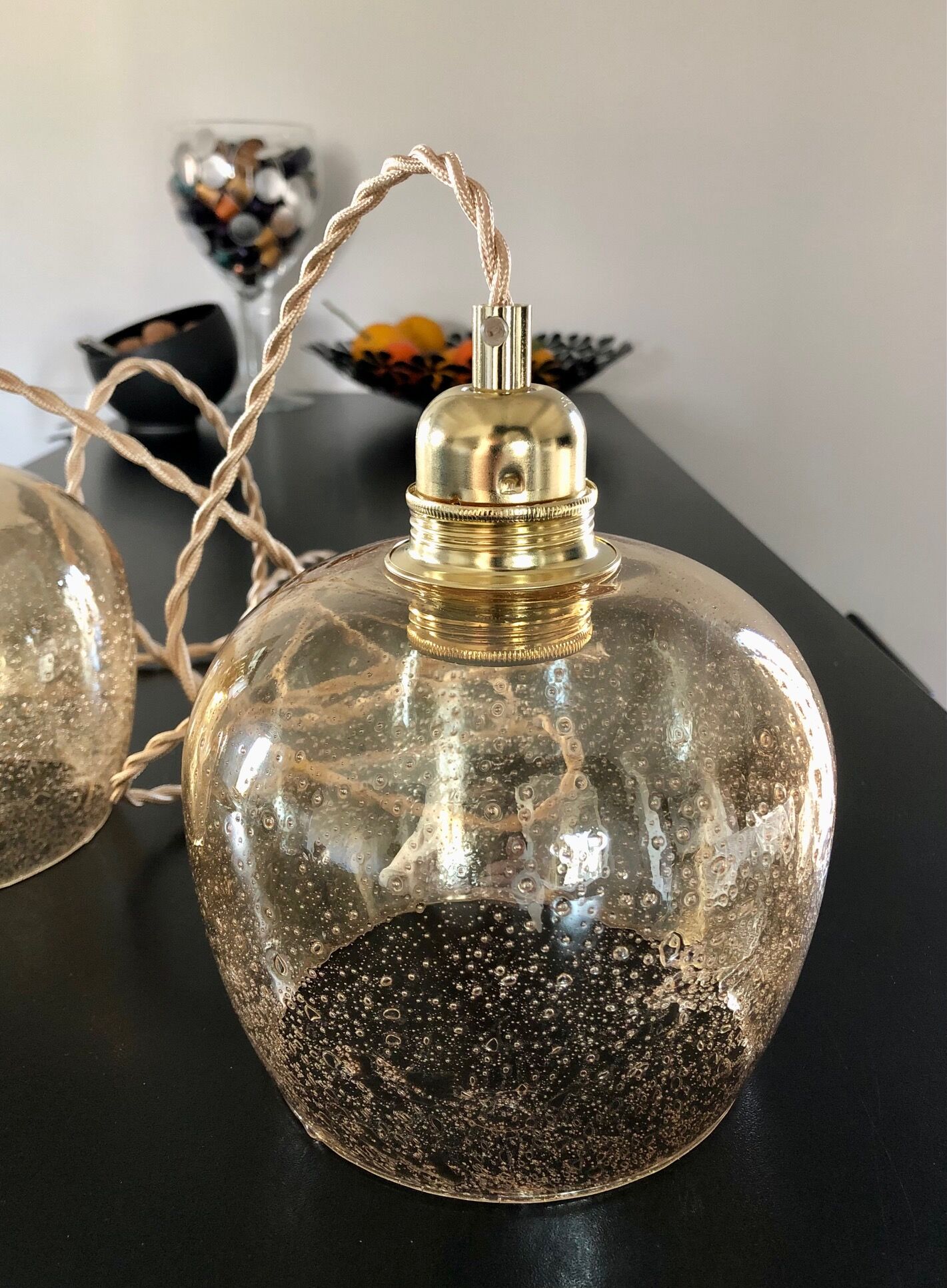 2 bubble blown glass pendant lamps