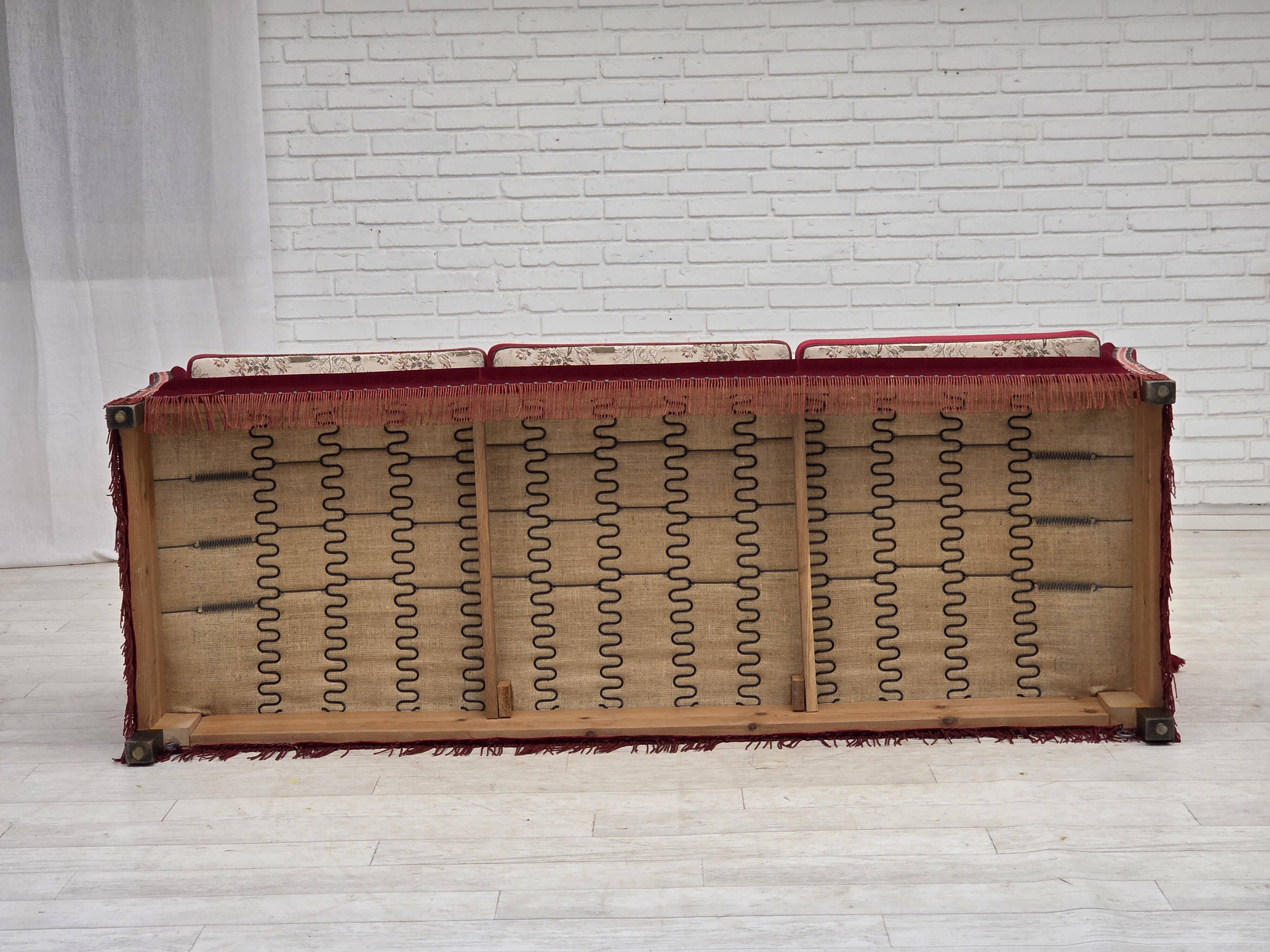 1970s, Danish 3-seater drop arm "Spanish" sofa, red furniture velour.