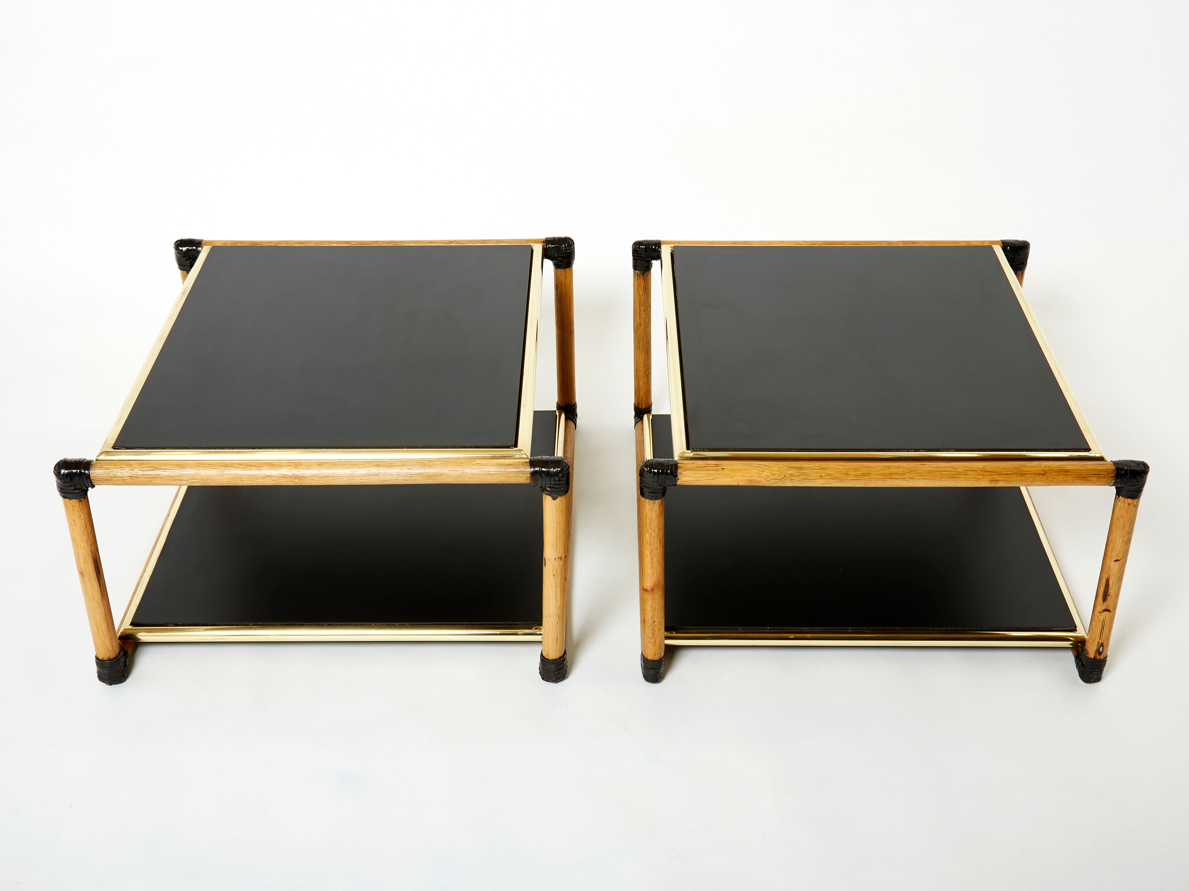 Pair of Italian coffee tables Alberto Smania bamboo brass 1970