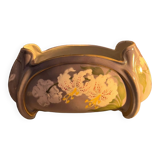 Northern hamage planter in purple color, gold edging and decorated with stenciled white lily flowers.