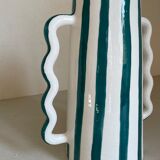 Fir and white green striped ceramic vase with handmade abstract wavy handles