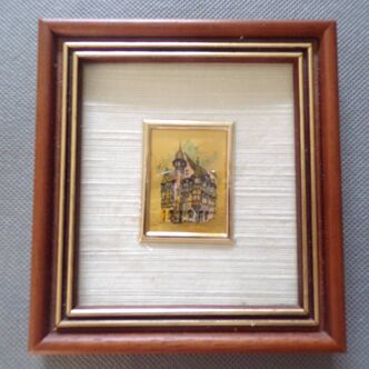 Small chromolithograph painting of Alsatian village art on gold leaf