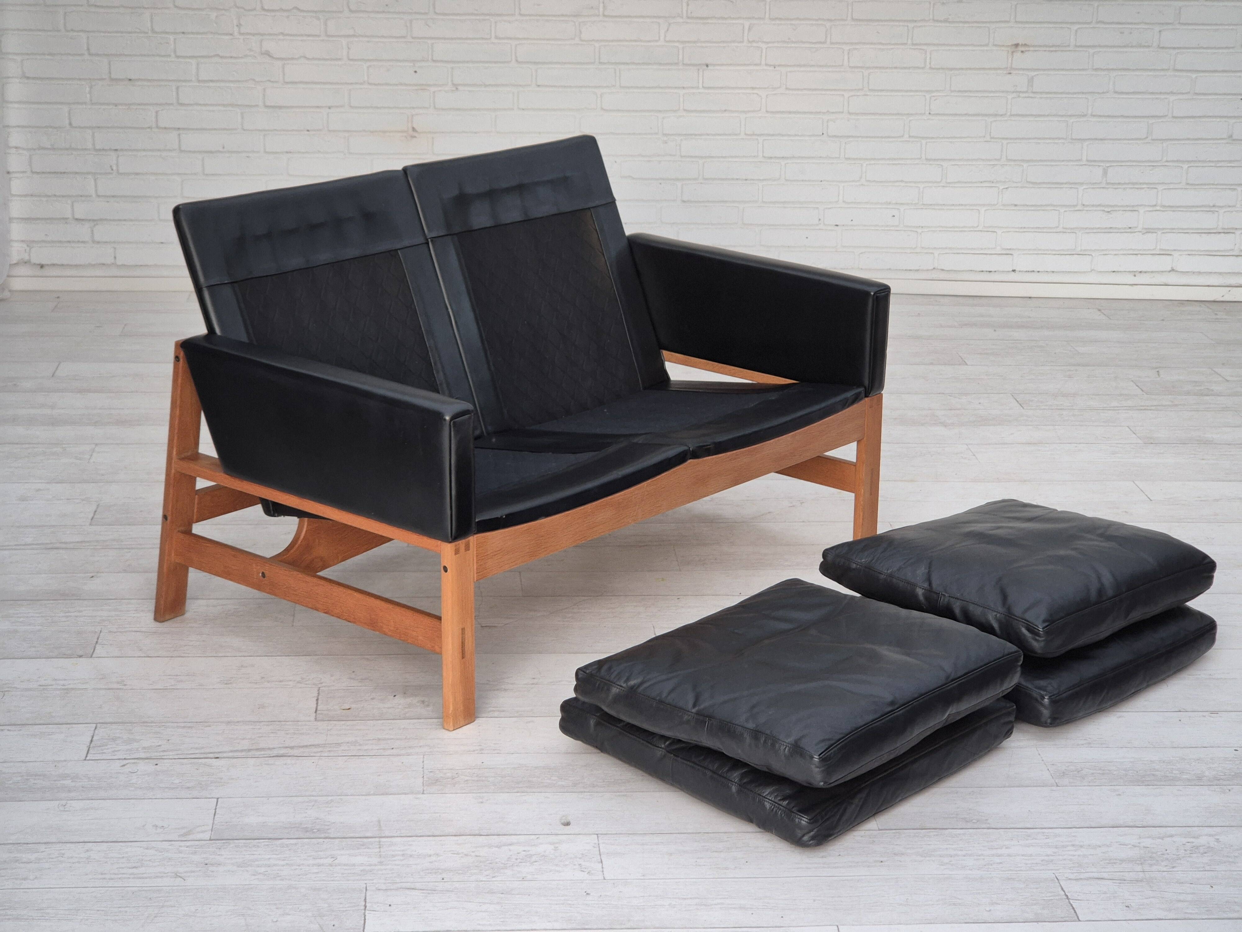 1960s, Danish 2-seater sofa in original condition, furniture leather, solid oak wood.