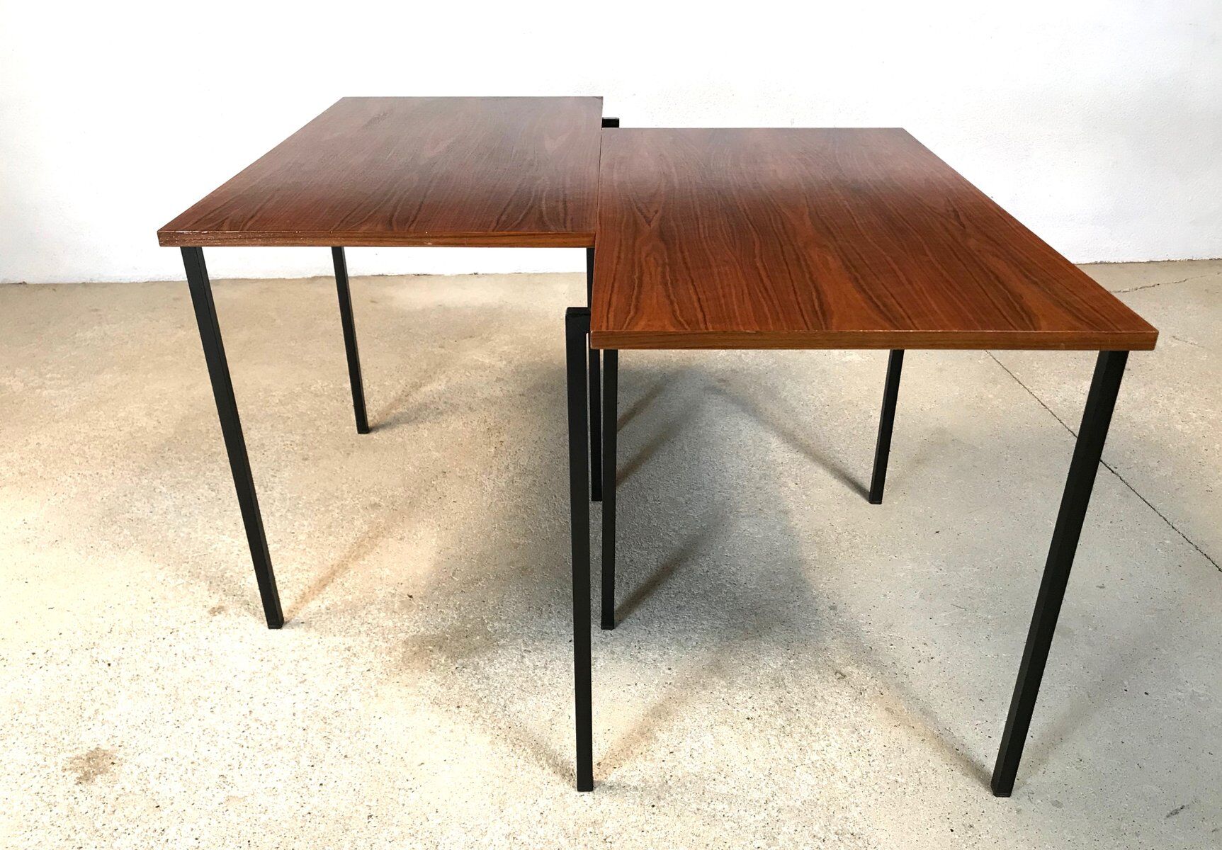 Minimalist walnut & steel stacking side tables, 1960s, Set of 2