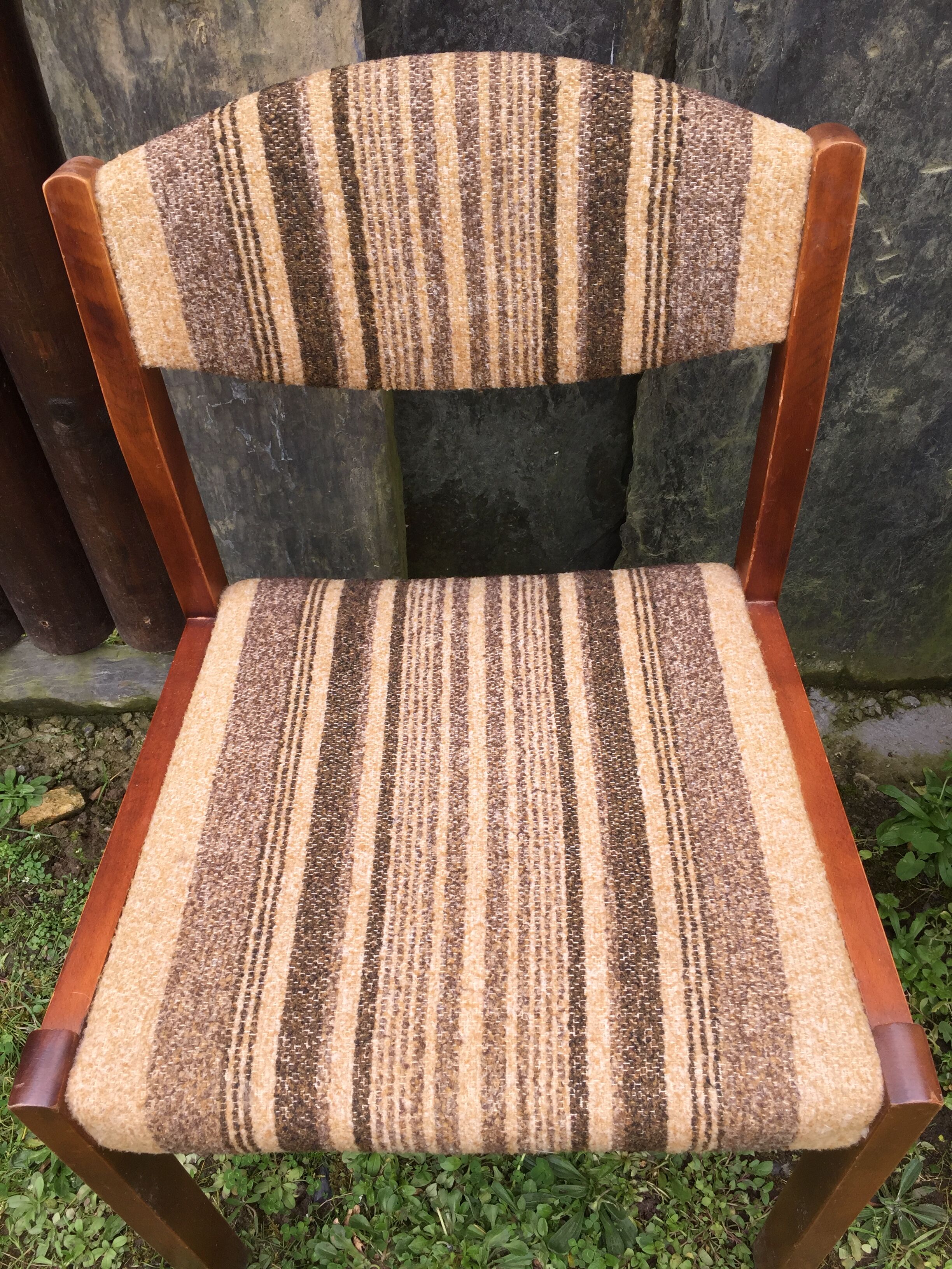 Vintage Scandinavian chairs in fabric and wooden footing.