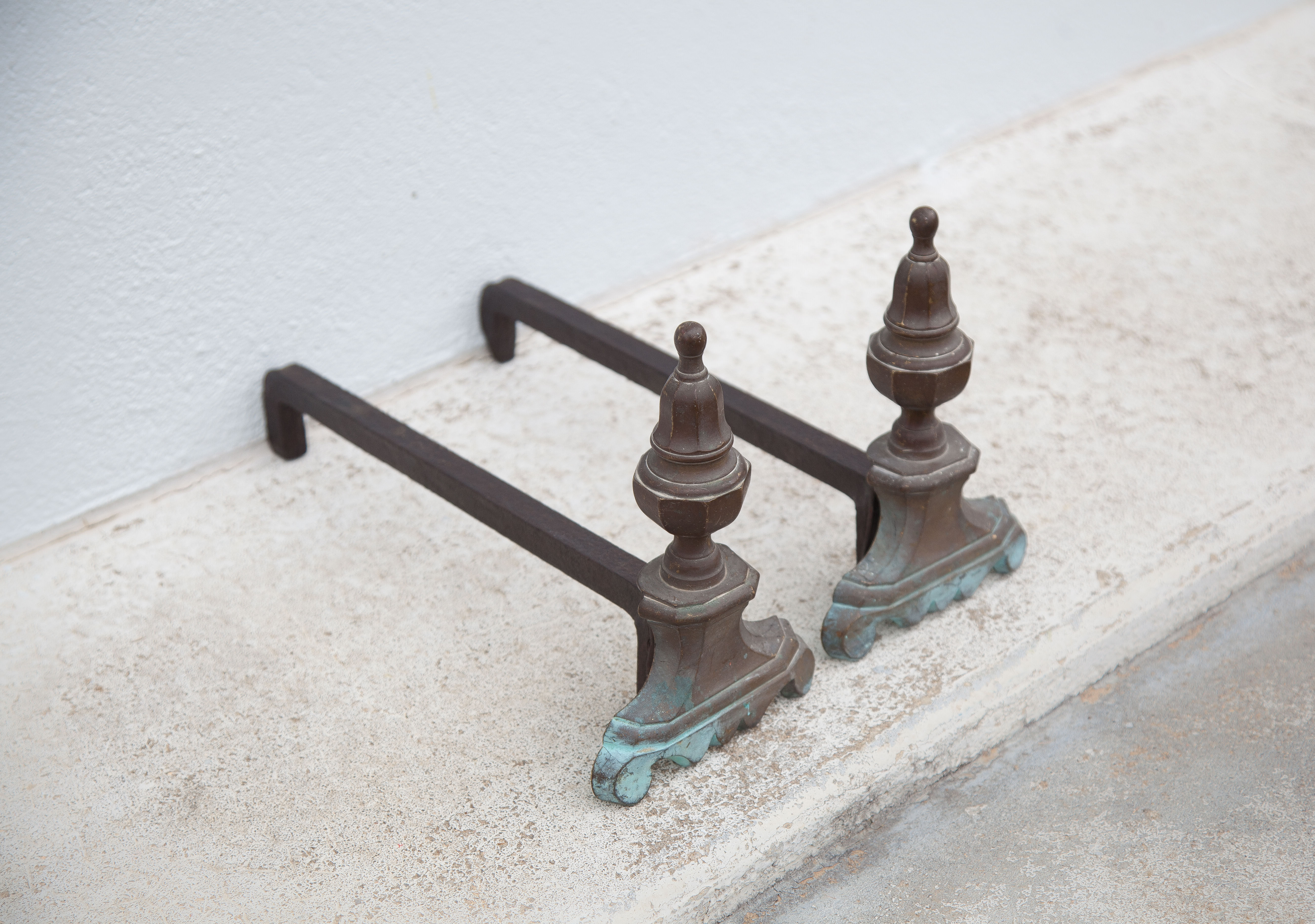 Vintage fireplace channels, cast-cast and bronze chenets