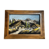 Tableau alpin vintage en bois sculpté et peint