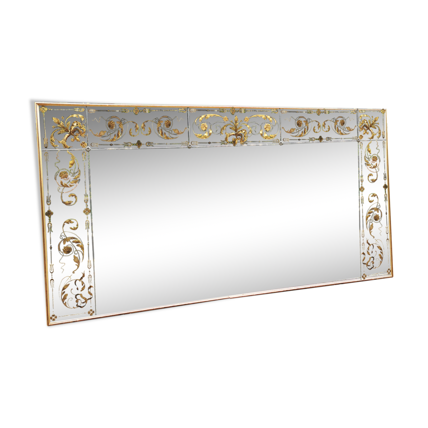 Glass mirror with a decoration engraved with golden foliage 1960