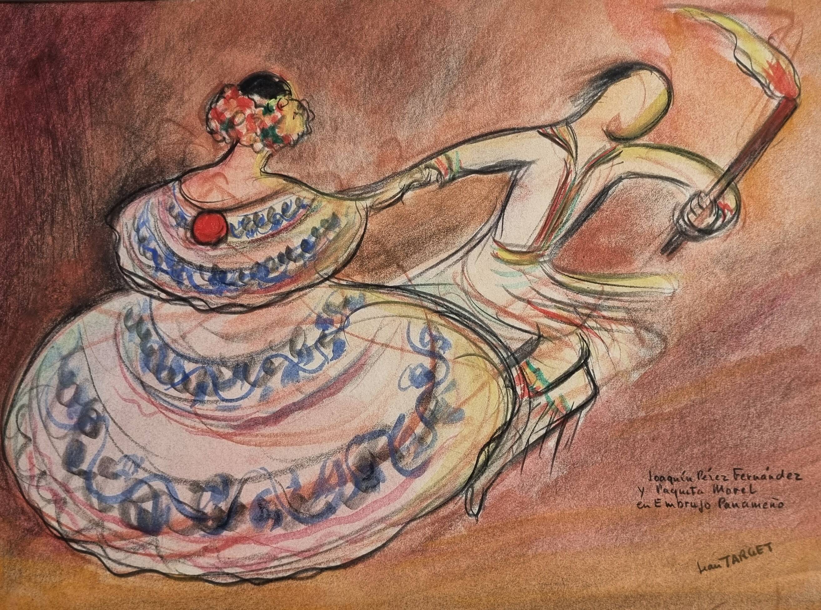 Original pastel signed by Jean Target, Mexican folk dance, 30x40 cm