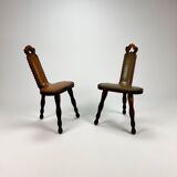 Set of 2 mid century brutalist oak tripod stools, 1960s