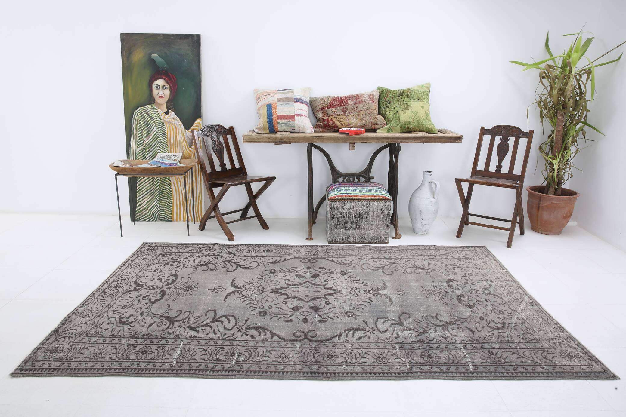 5x8 Shades Of Gray Black Oriental Vintage Turkish Rug, 150x250Cm SK 2874