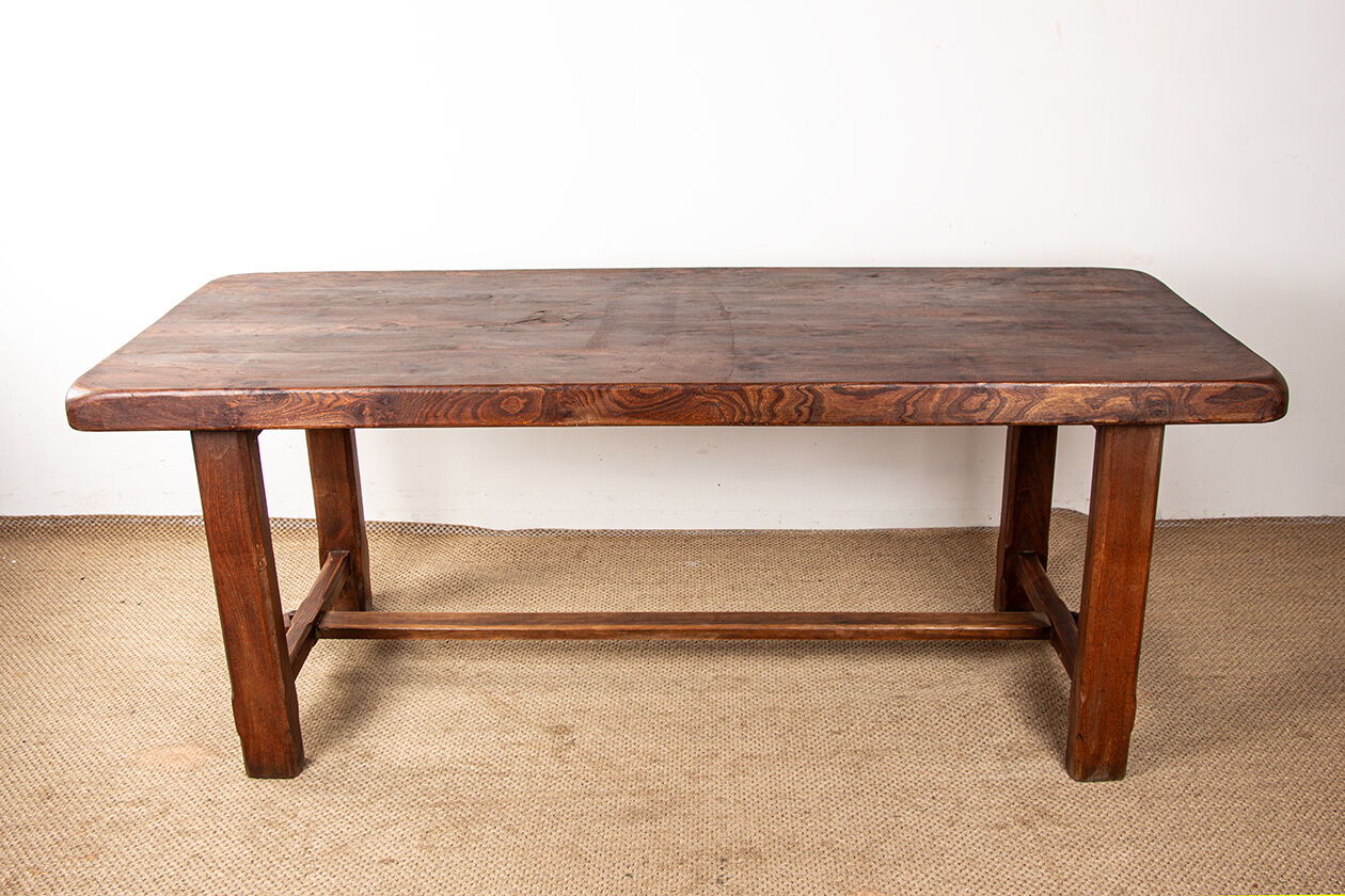 Large brutalist dining table in solid Elm, inspired by Olavi Hanninen, 1960.