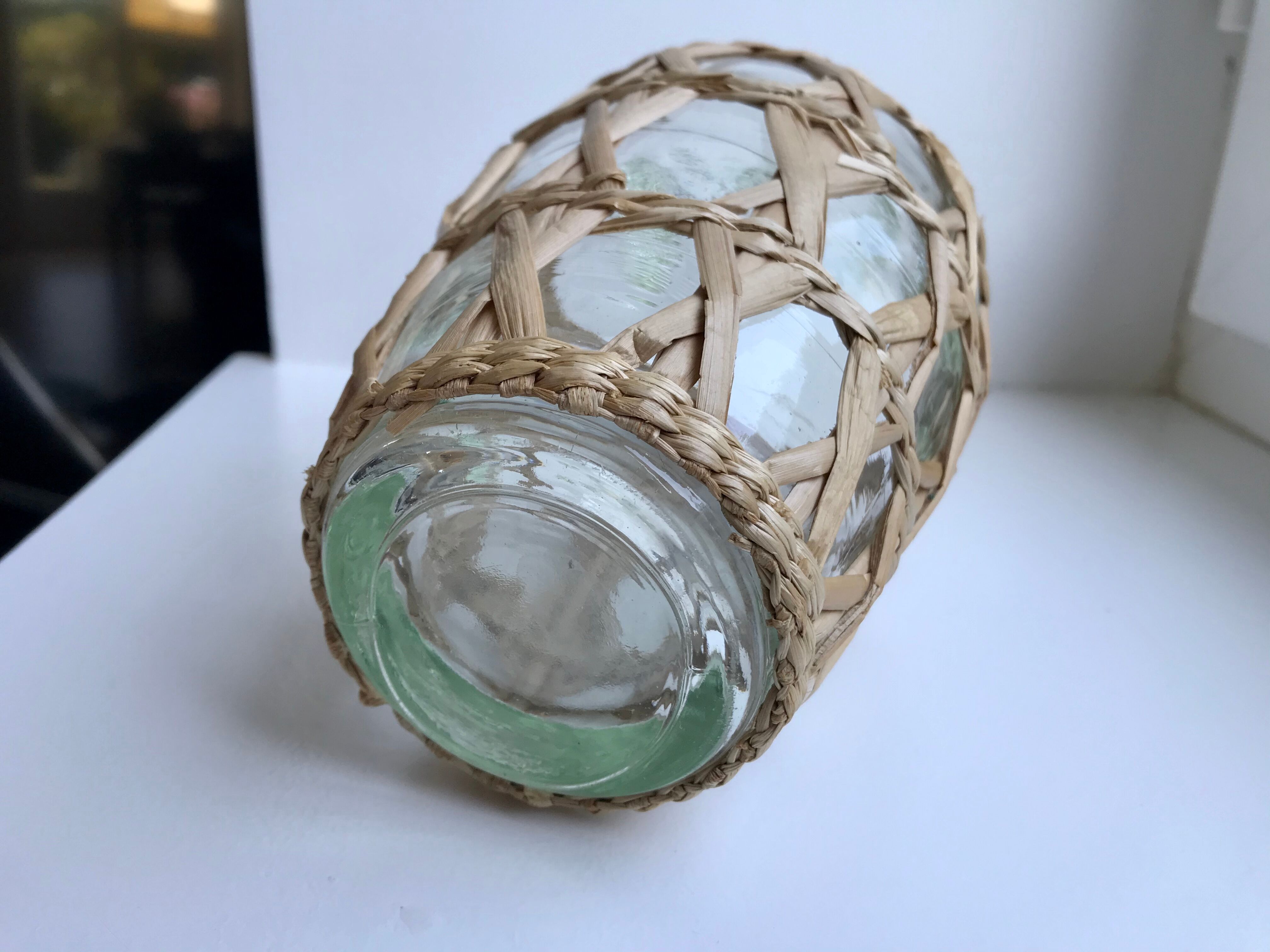 Bottle with handle and covered with wicker / rattan 70s