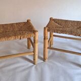 Set of 2 wood and straw stools