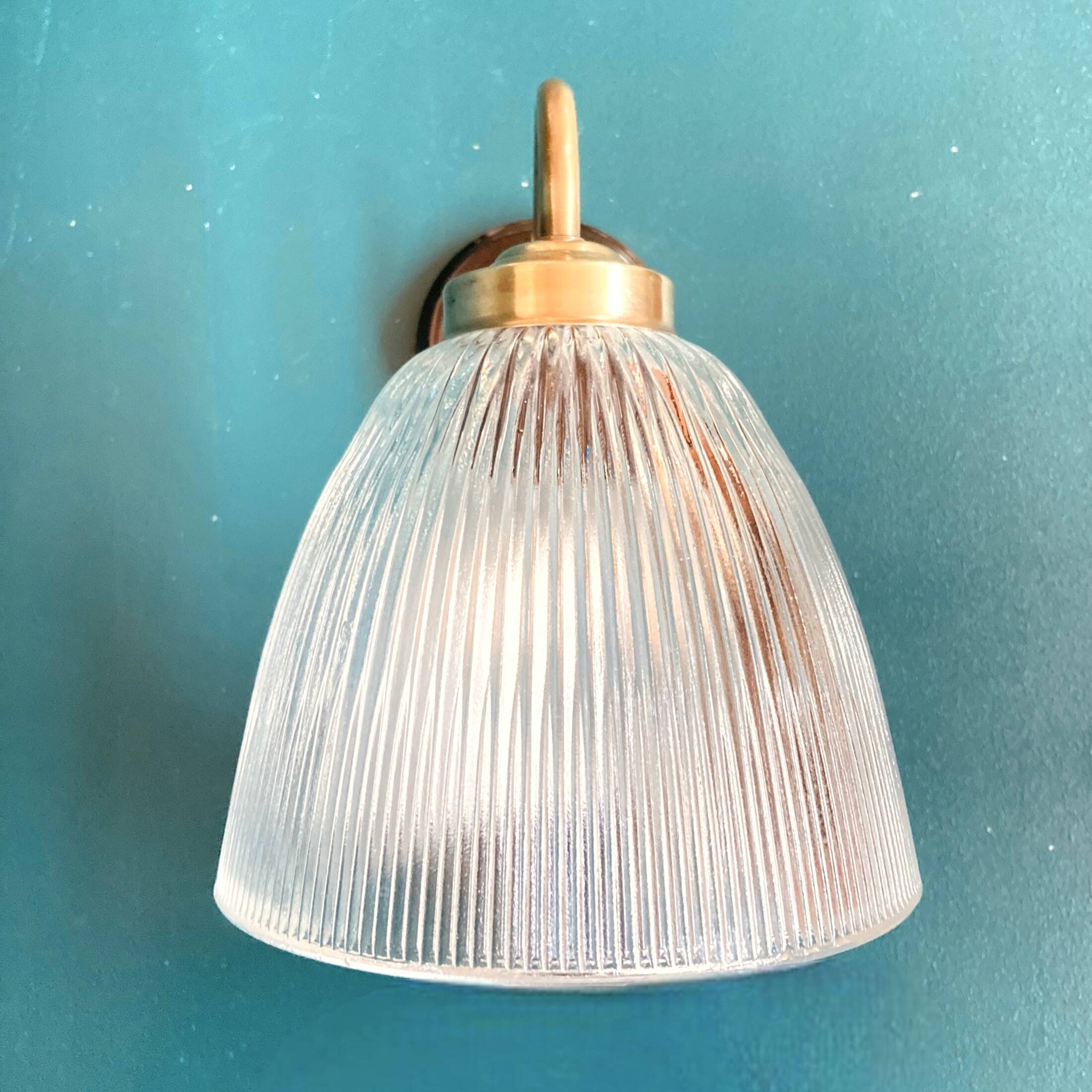 Brass swan neck wall light and prismatic glass tulip vintage porcelain rosette