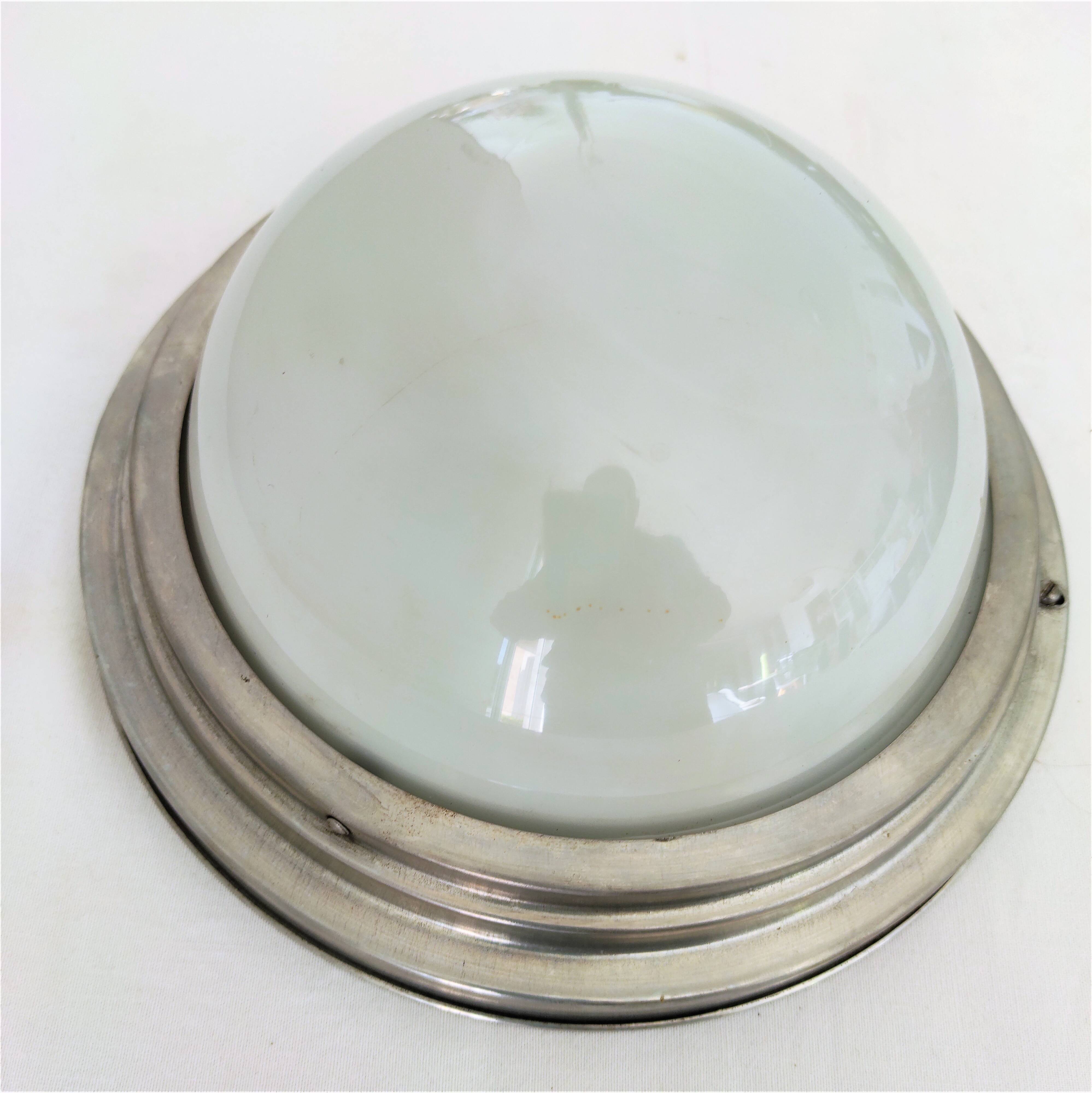 Old ceiling light in aluminum and half sphere in white Opaline around 1930/1940