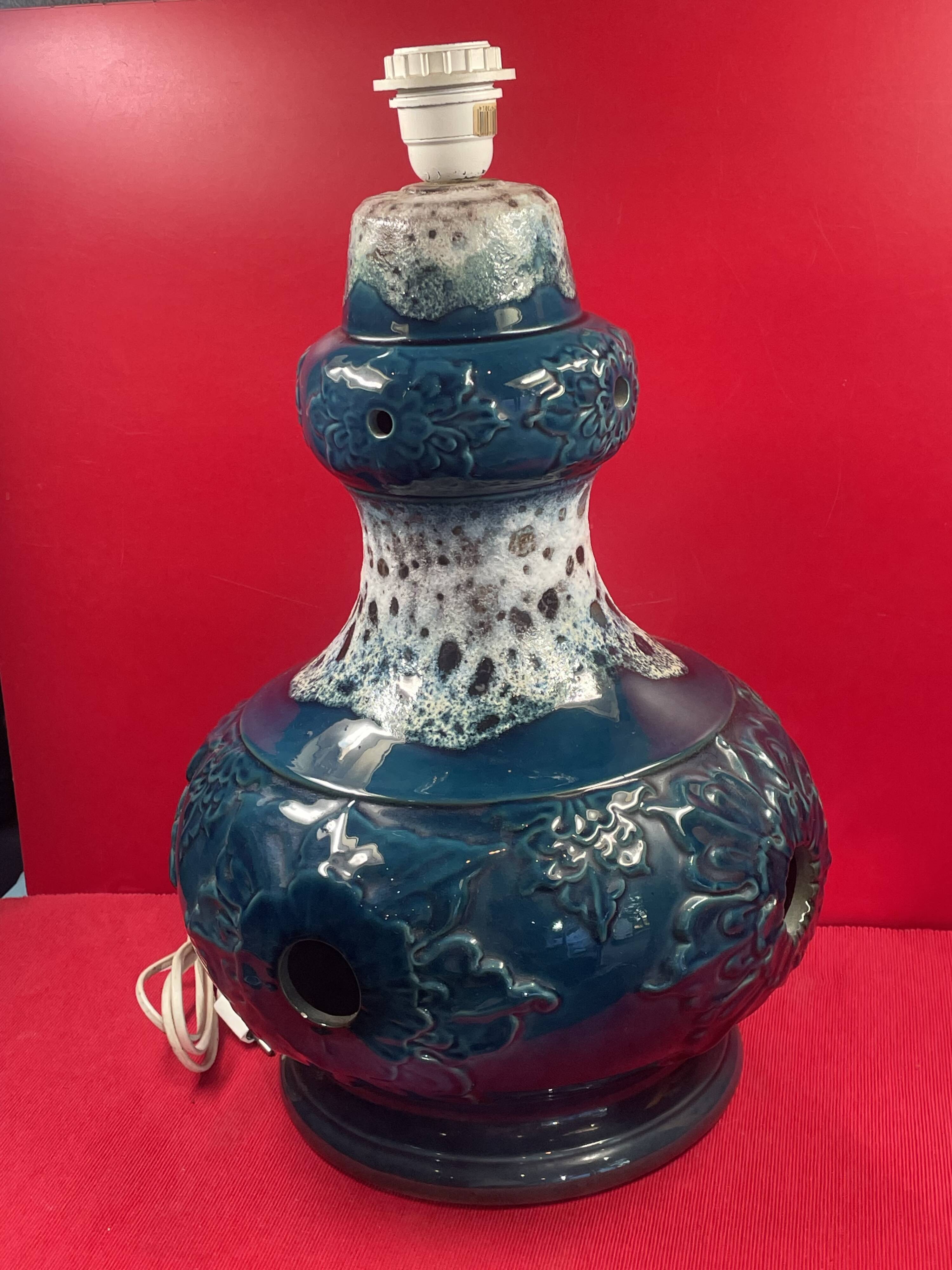Vintage 60's table or floor lamp base in blue glazed ceramic