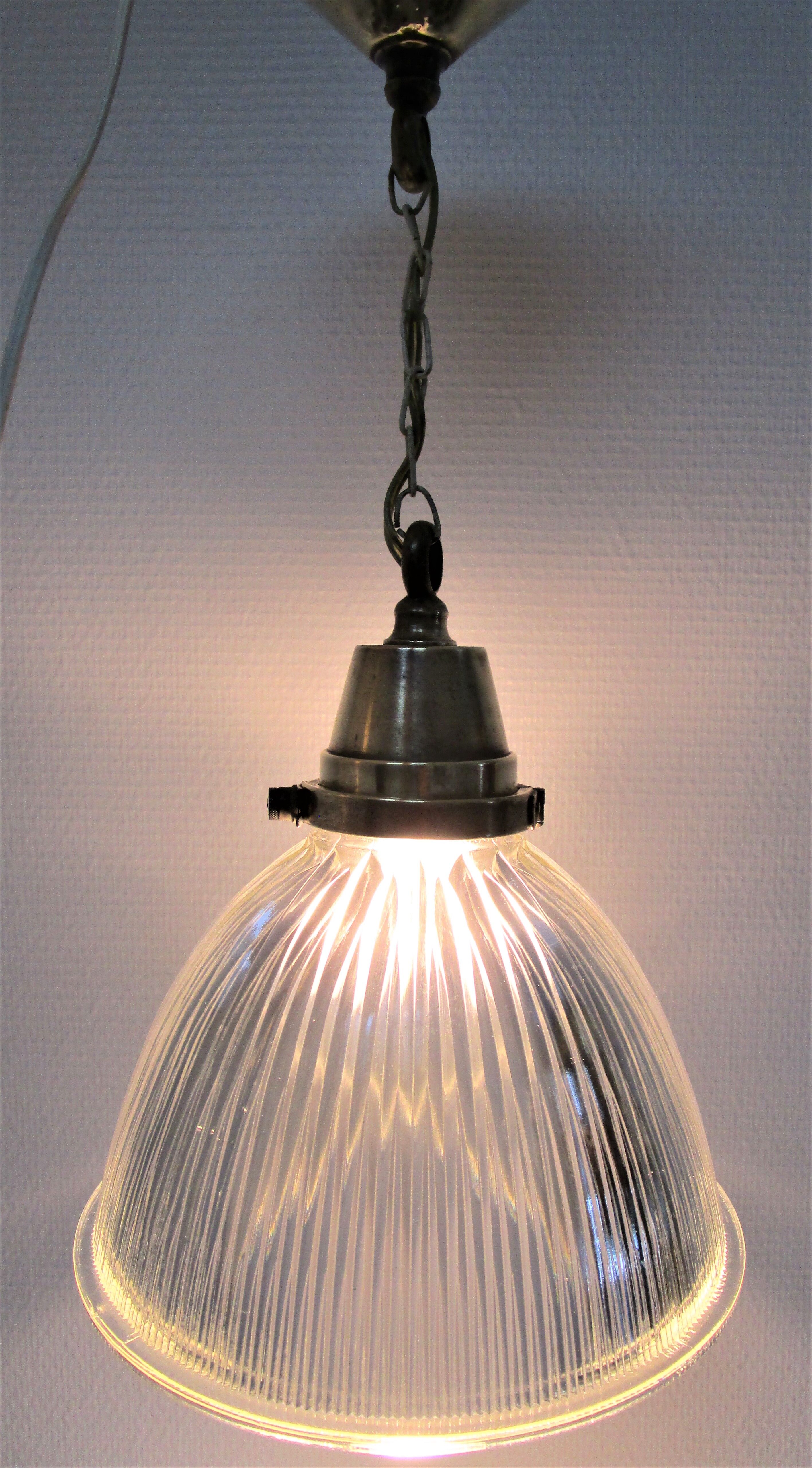 Holophane glass suspension and vintage patinated brass