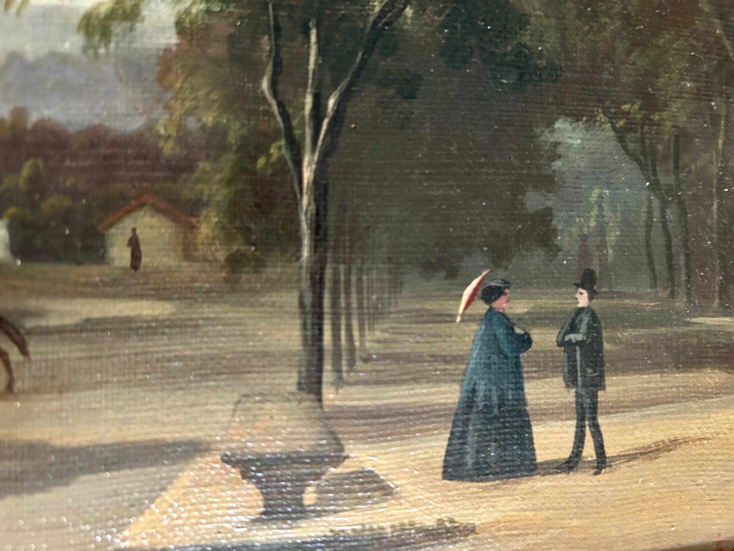 French oil painting from 1880s depicting a park promenade during Victorian era in Paris. Impressioni