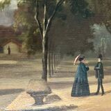 French oil painting from 1880s depicting a park promenade during Victorian era in Paris. Impressioni