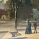 Peinture à l'huile française des années 1880 représentant une promenade dans un parc à l'époque victorienne à Paris. Impressionnisme