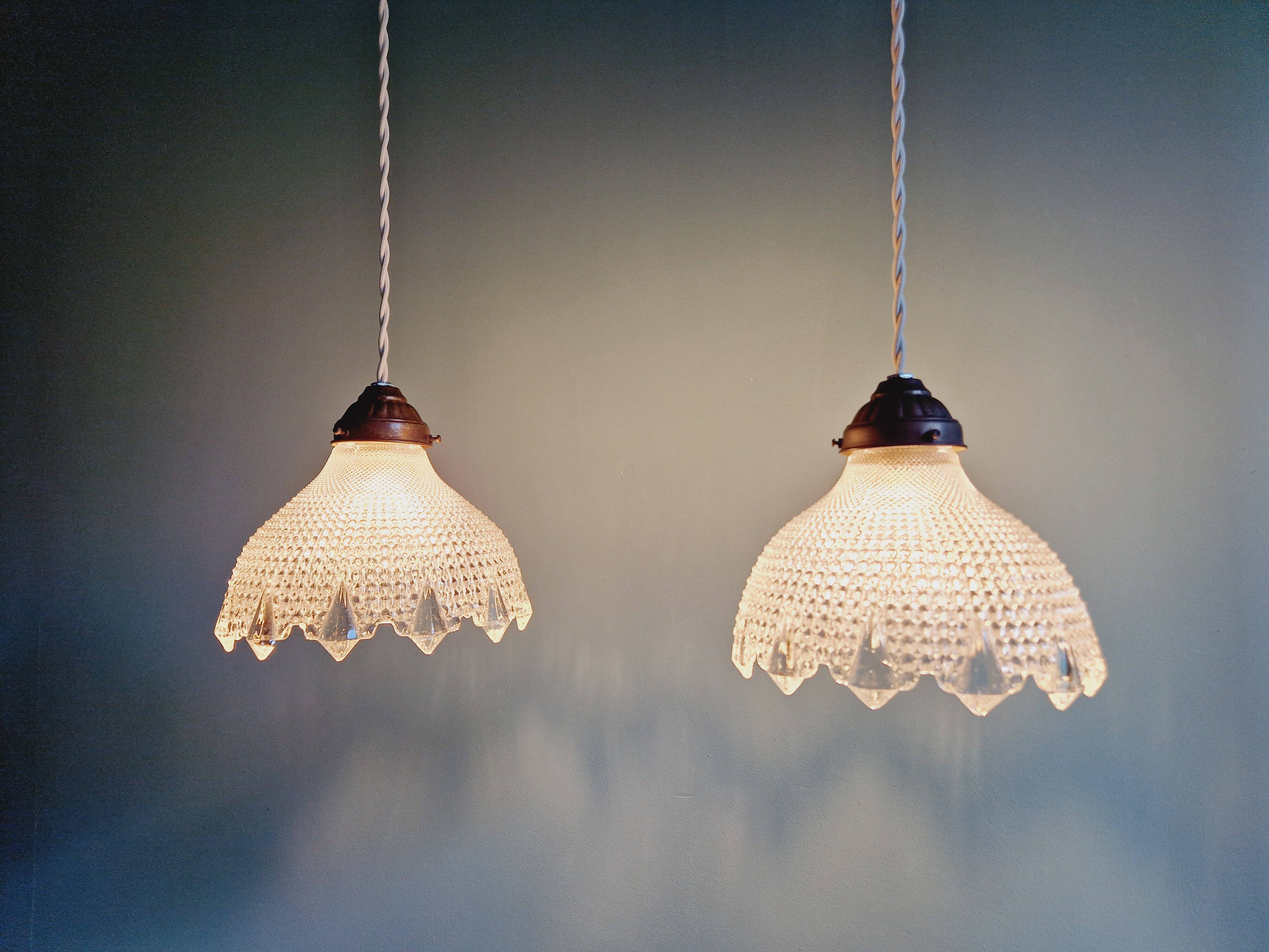 Art Deco scalloped clear glass pendant light, 1920s-30s