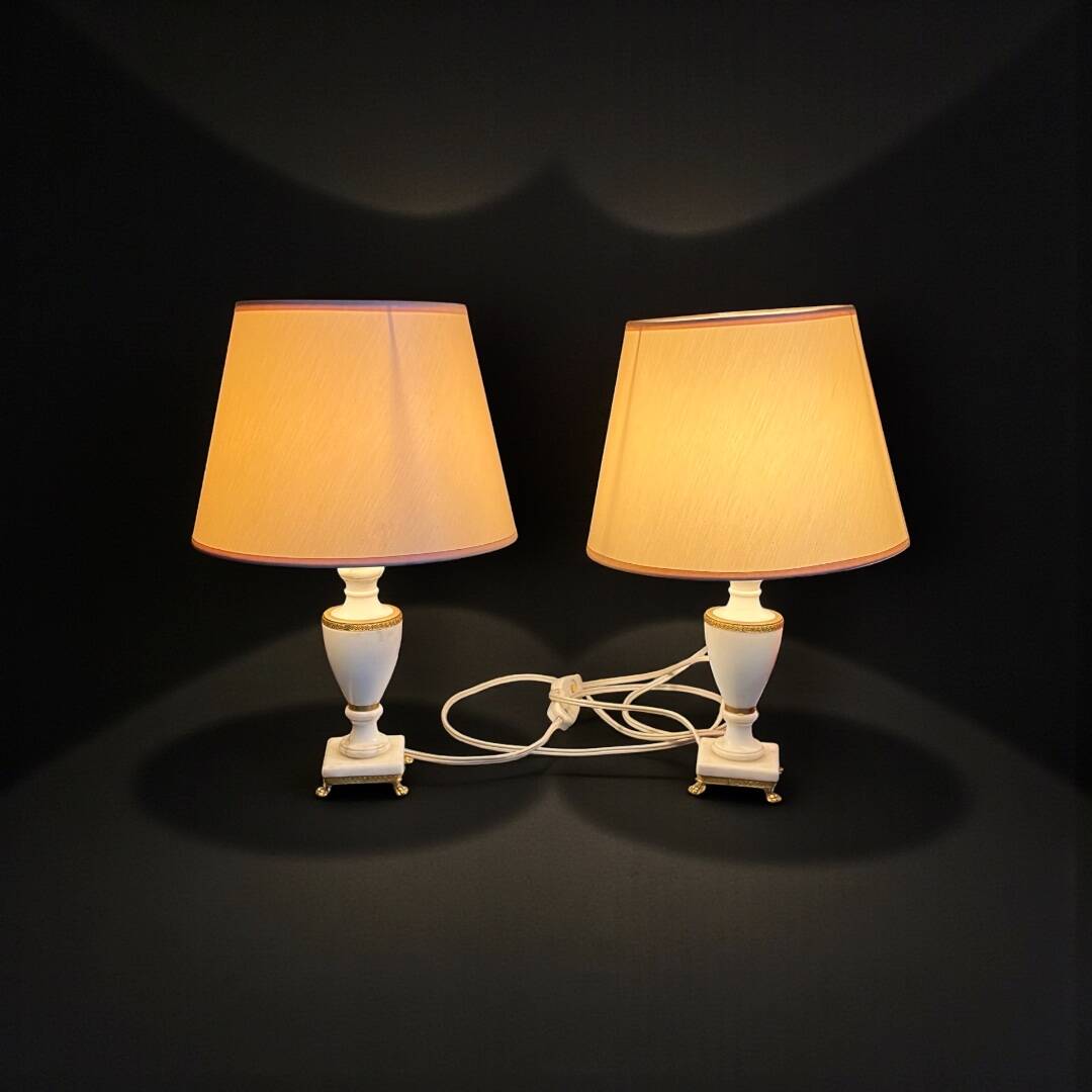 Pair of elegant antique lamp bases in alabaster and gilt brass