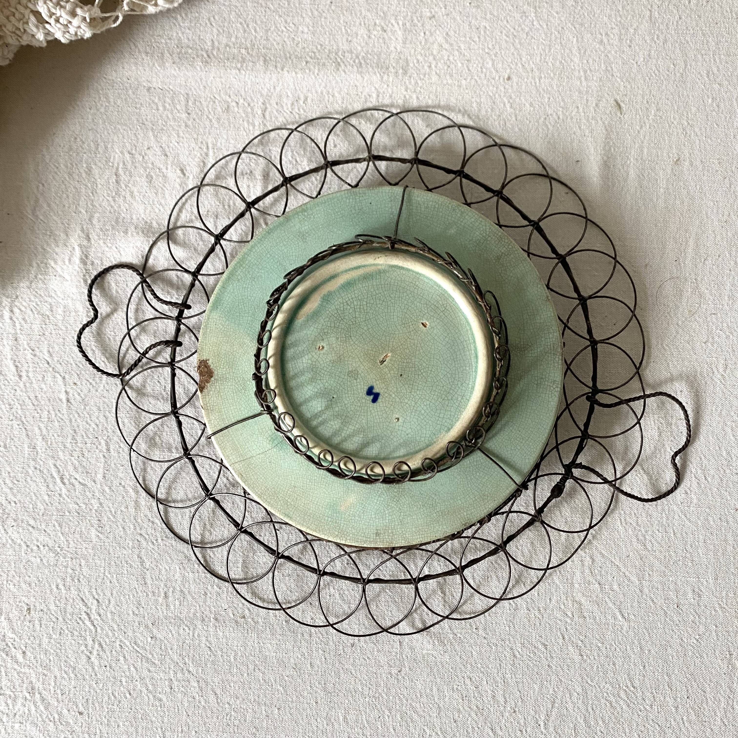 Antique barbotine and wire dish, 19th century