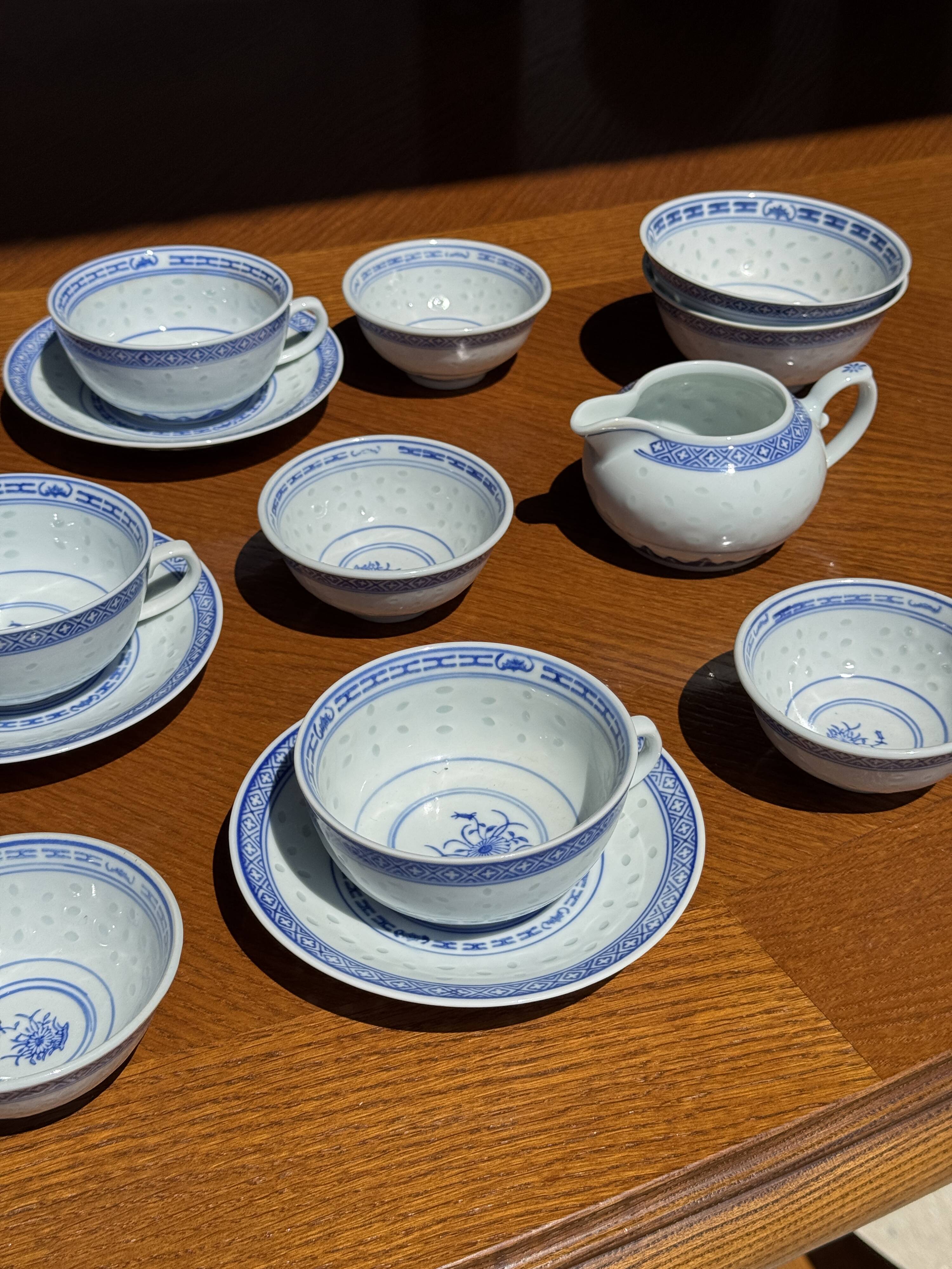 Small Chinese blue and white tea set for 6 cups and saucers.