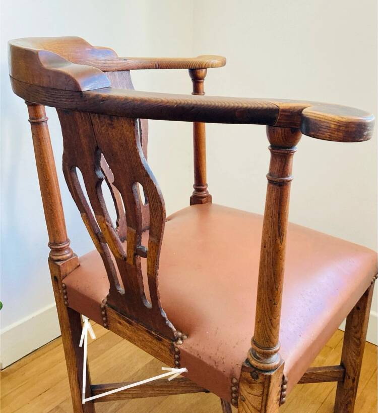 19th century corner armchair in solid pegged oak and imitation leather