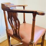 19th century corner armchair in solid pegged oak and imitation leather