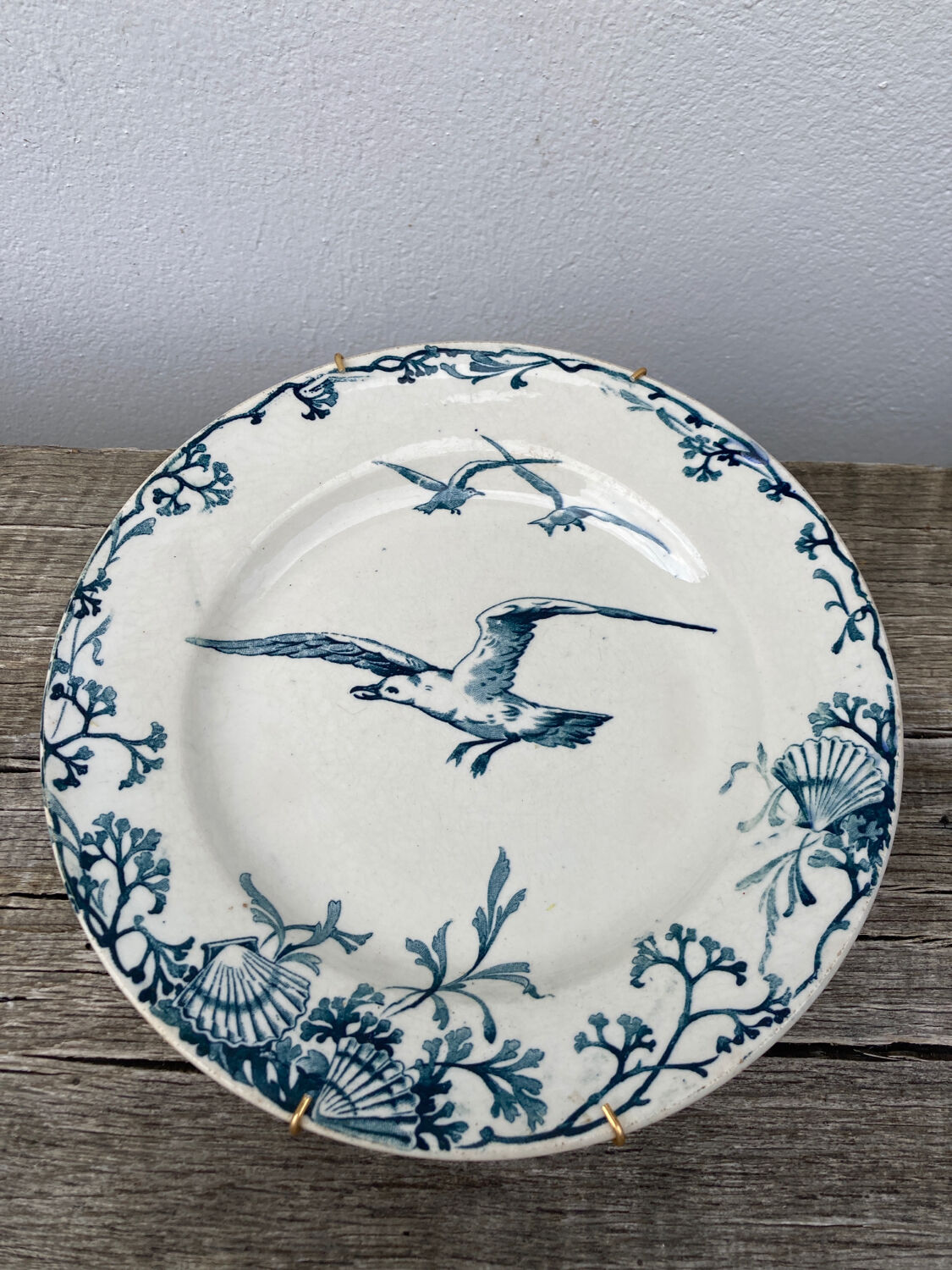 Iron earth plate Gien patterns seagulls and shell old mural