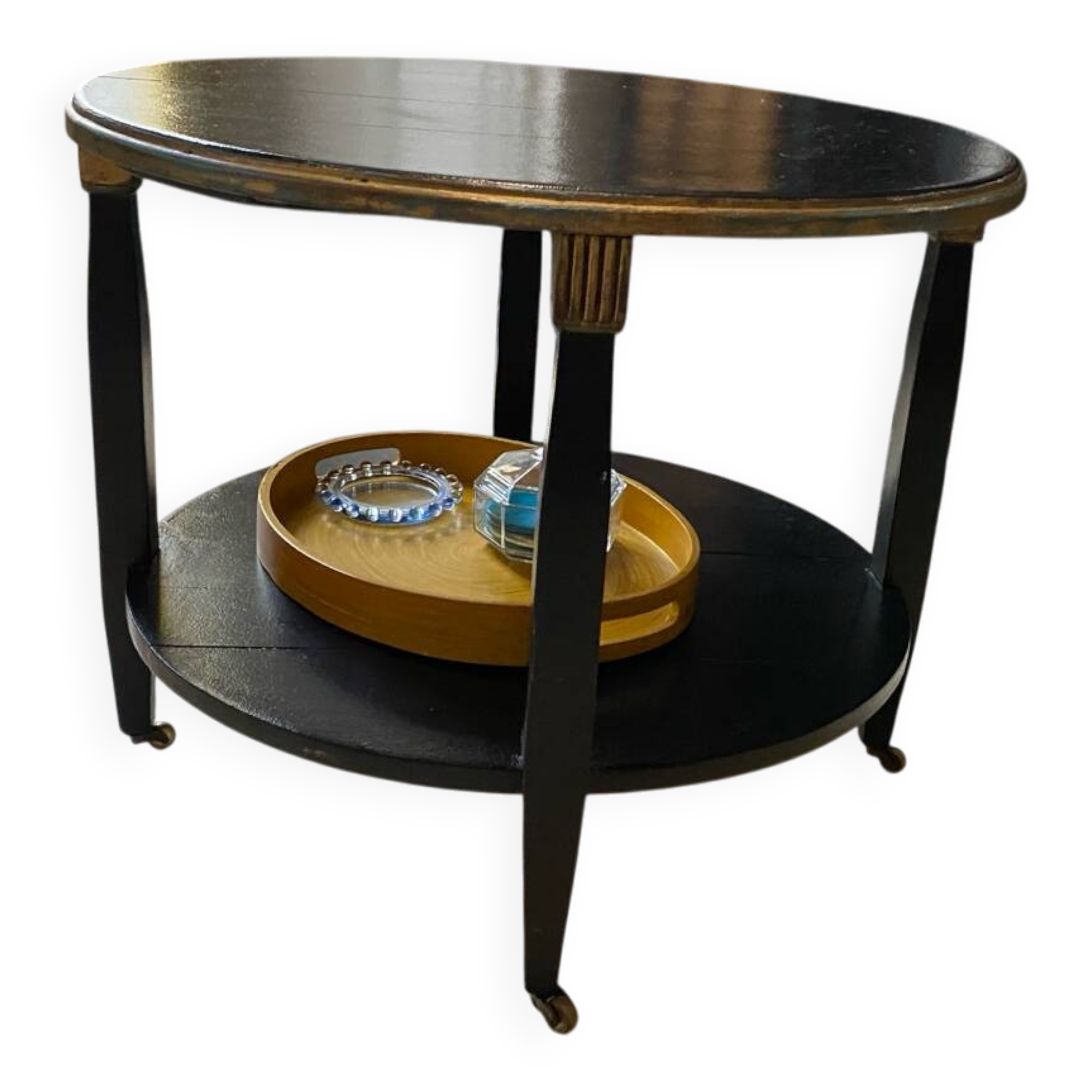 Round wooden coffee table, antique, double top, 4 legs.