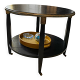 Round wooden coffee table, antique, double top, 4 legs.