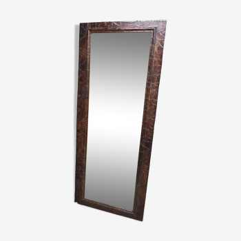 Miroir biseauté cadre en chêne imitation cuir vieilli mordoré