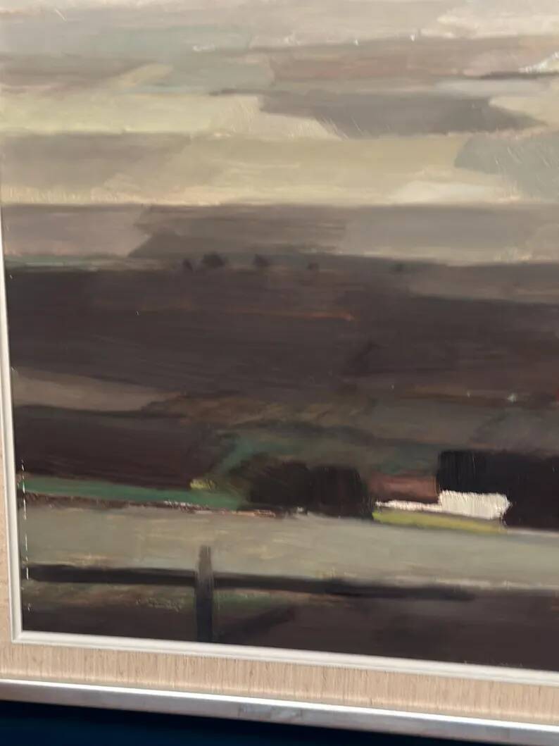 Oil on panel original Swedish - "House in a flat landscape" by Evert Färhm - Dated 1968 - vintage and framed - 81 × 68 cm (31.9" × 26.8")