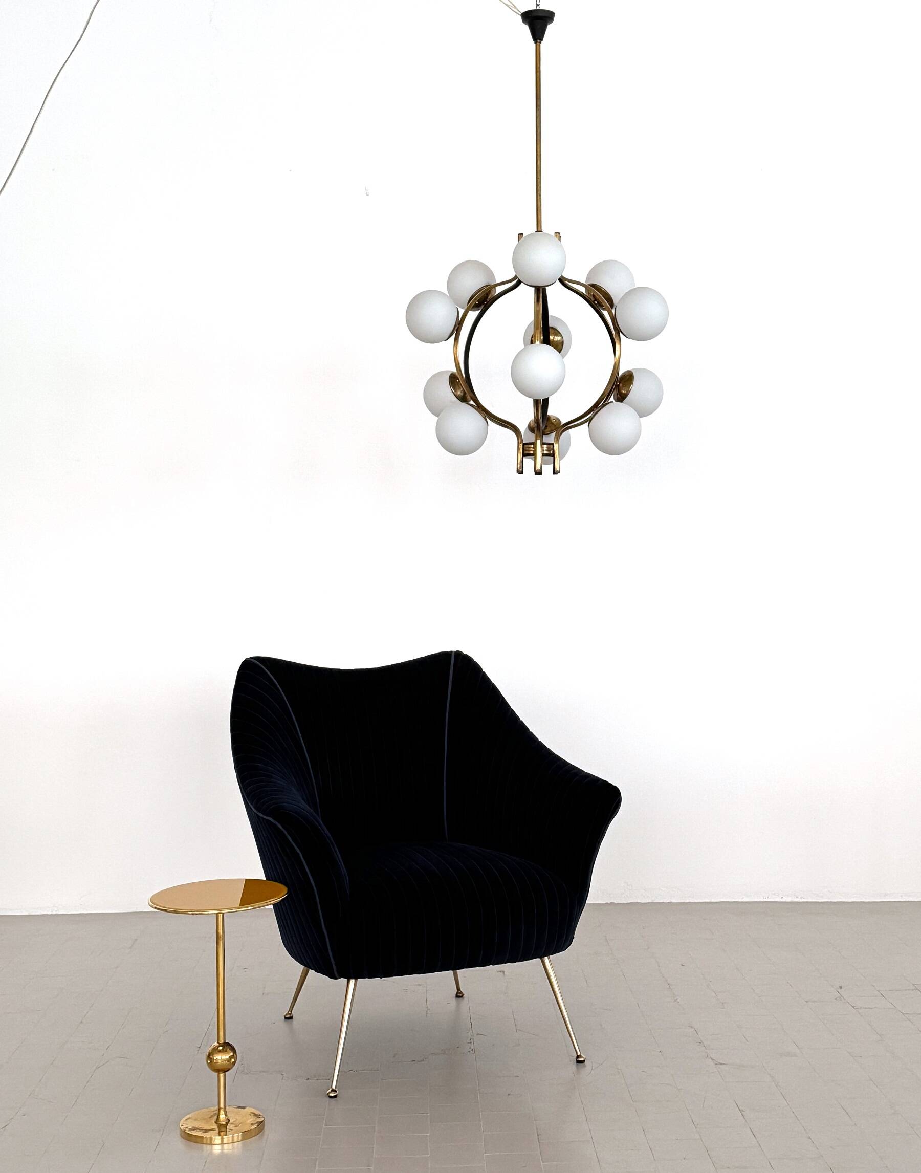 Stilnovo Italian Midcentury Chandelier, Brass & Opaline Glass, 1950s